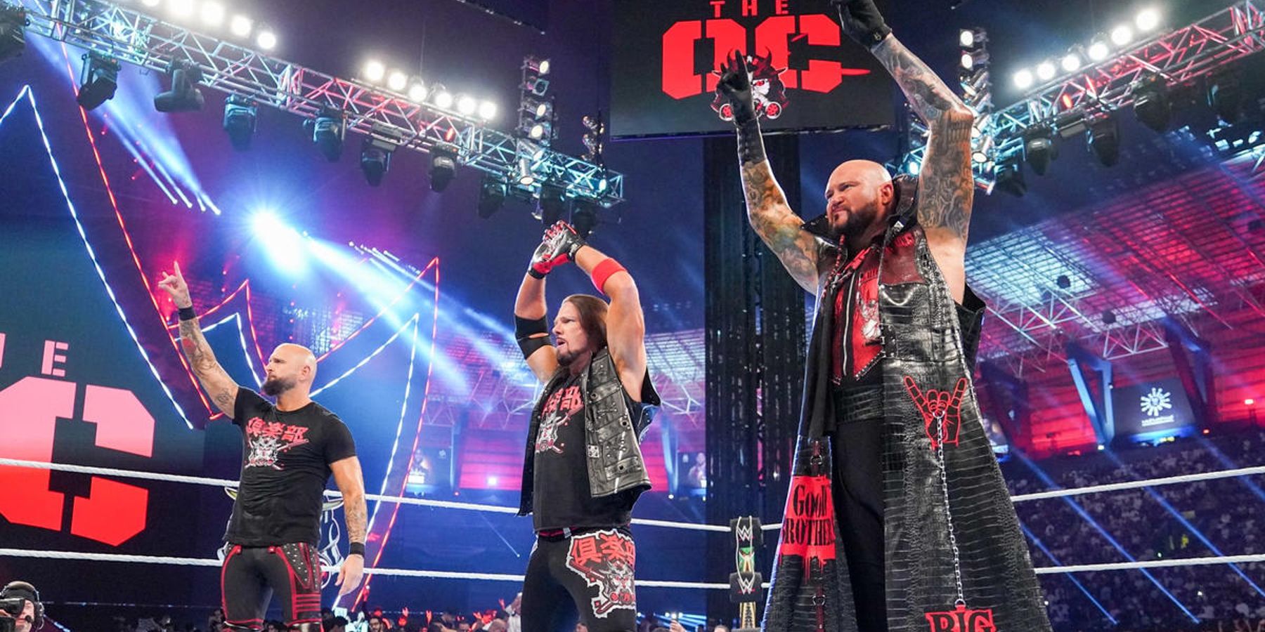 The OC—AJ Styles, Karl Anderson and Luke Gallows—make their entrance during WWE's Crown Jewel event in 2022.