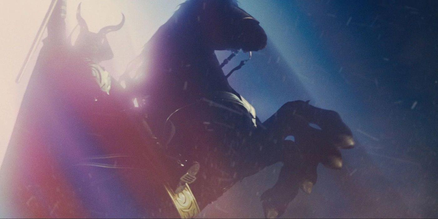 Odin montando o cavalo de oito patas Sleipnir no filme Thor da Marvel