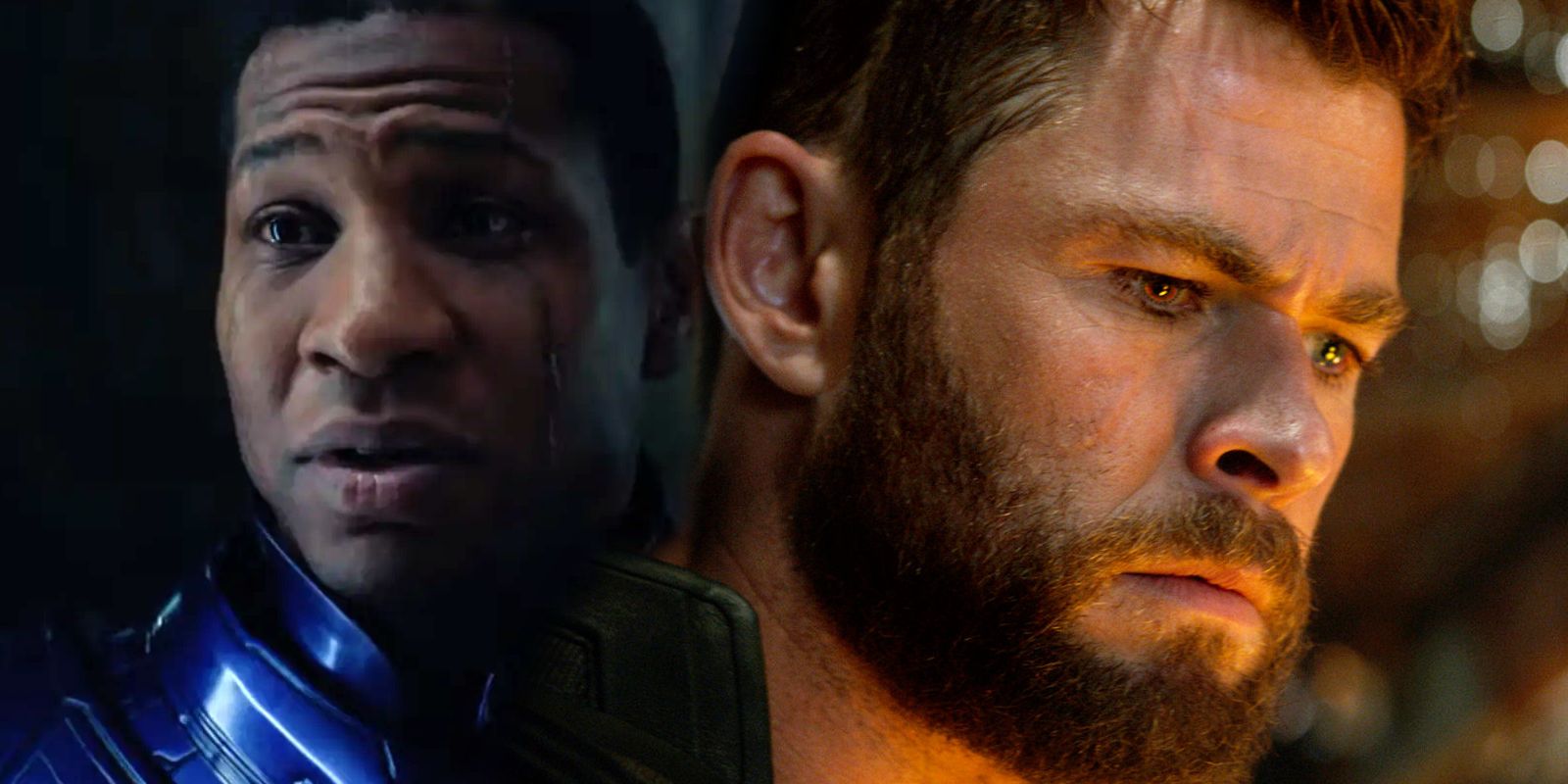 Image fractionnée : Kang le Conquérant (Jonathan Majors) regarde d'un air menaçant ;  Thor (Chris Hemsworth) baisse les yeux de honte dans Avengers : Endgame