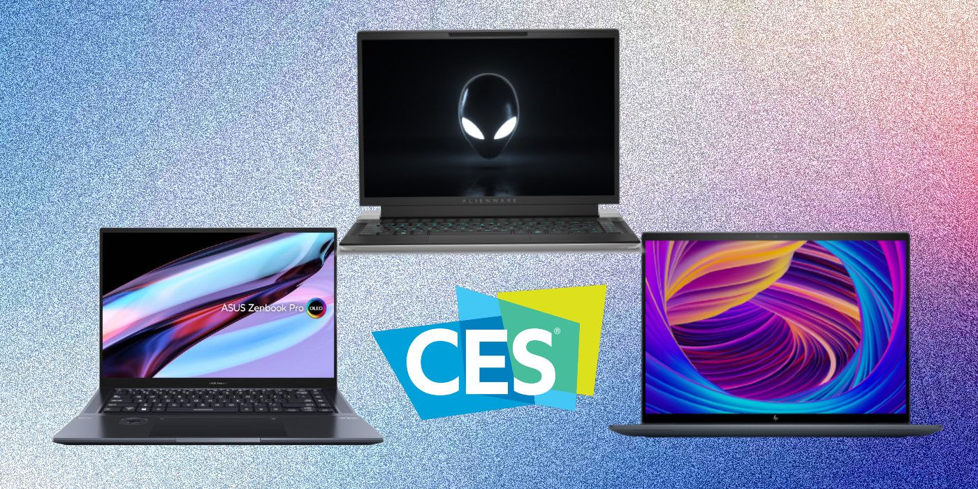 Three open laptops surrounding the CES logo on custom background