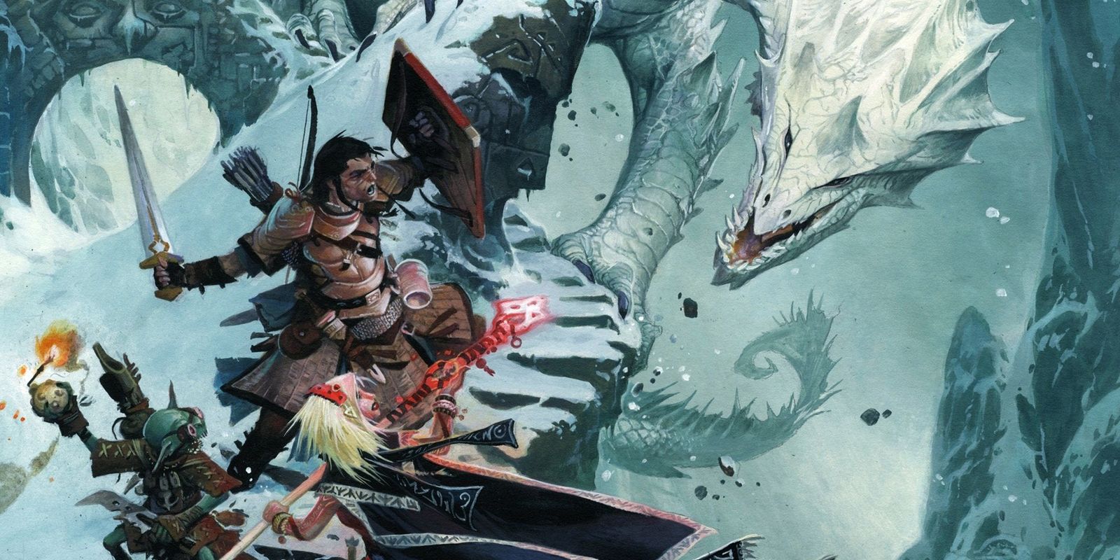 Três personagens do jogador Pathfinder caminham por um caminho estreito e nevado em direção a um dragão branco gigante