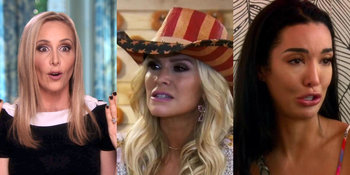 Three split images of Housewives from RHOC in different seasons