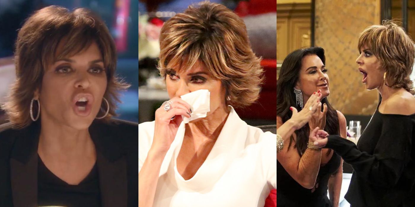 Three split images of Lisa Rinna in RHOBH feuds