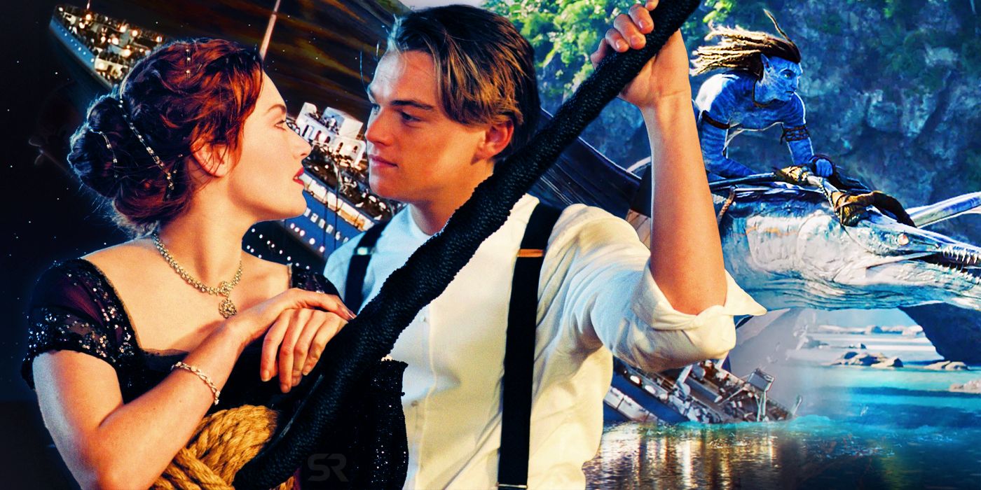 Kate Winslet como Rose e Leonardo Dicaprio como Jack em Titanic com navio e Avatar ao fundo