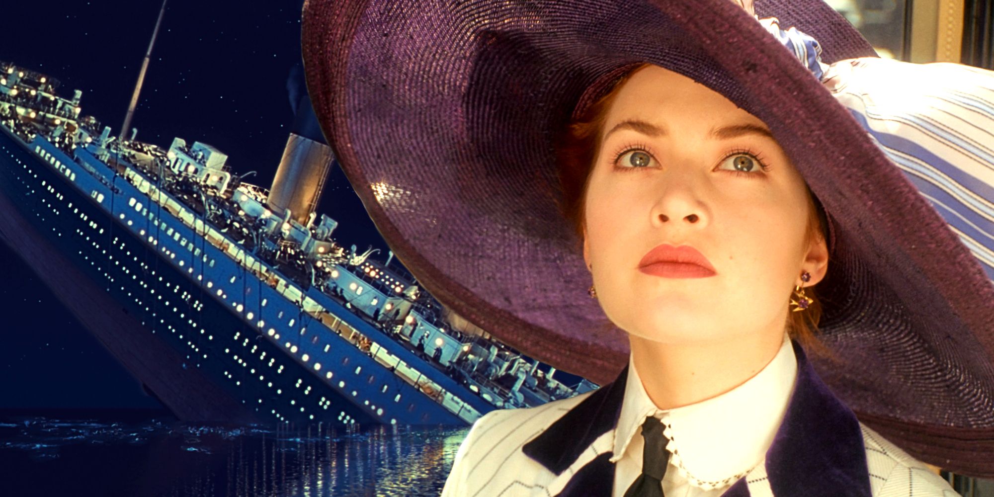 Kate Winslet as Rose in Titanic next to sinking ship