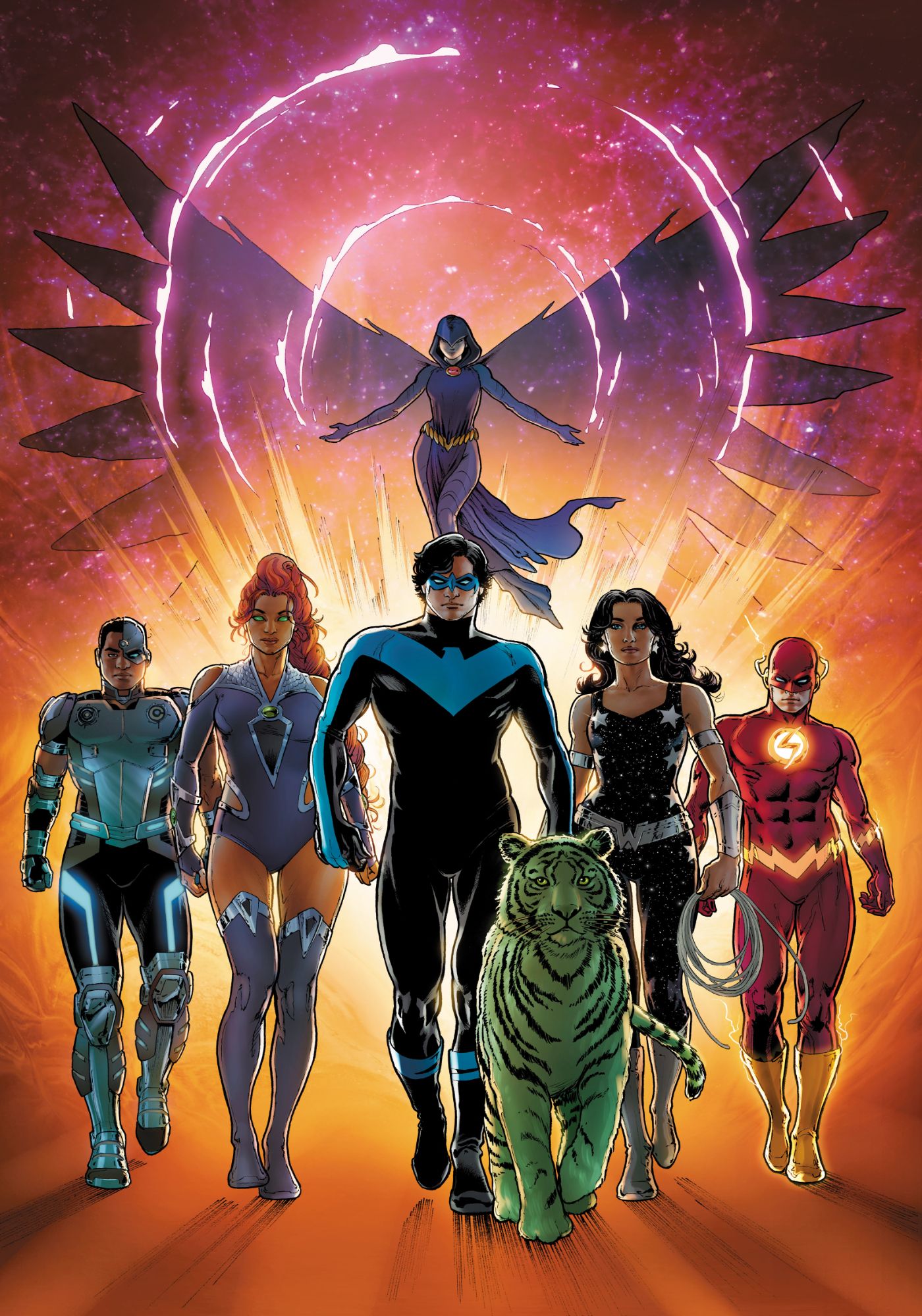 Titans including Beast Boy (as a tiger) Kid Flash, Nightwing, Starfire, Cyborg, and Raven