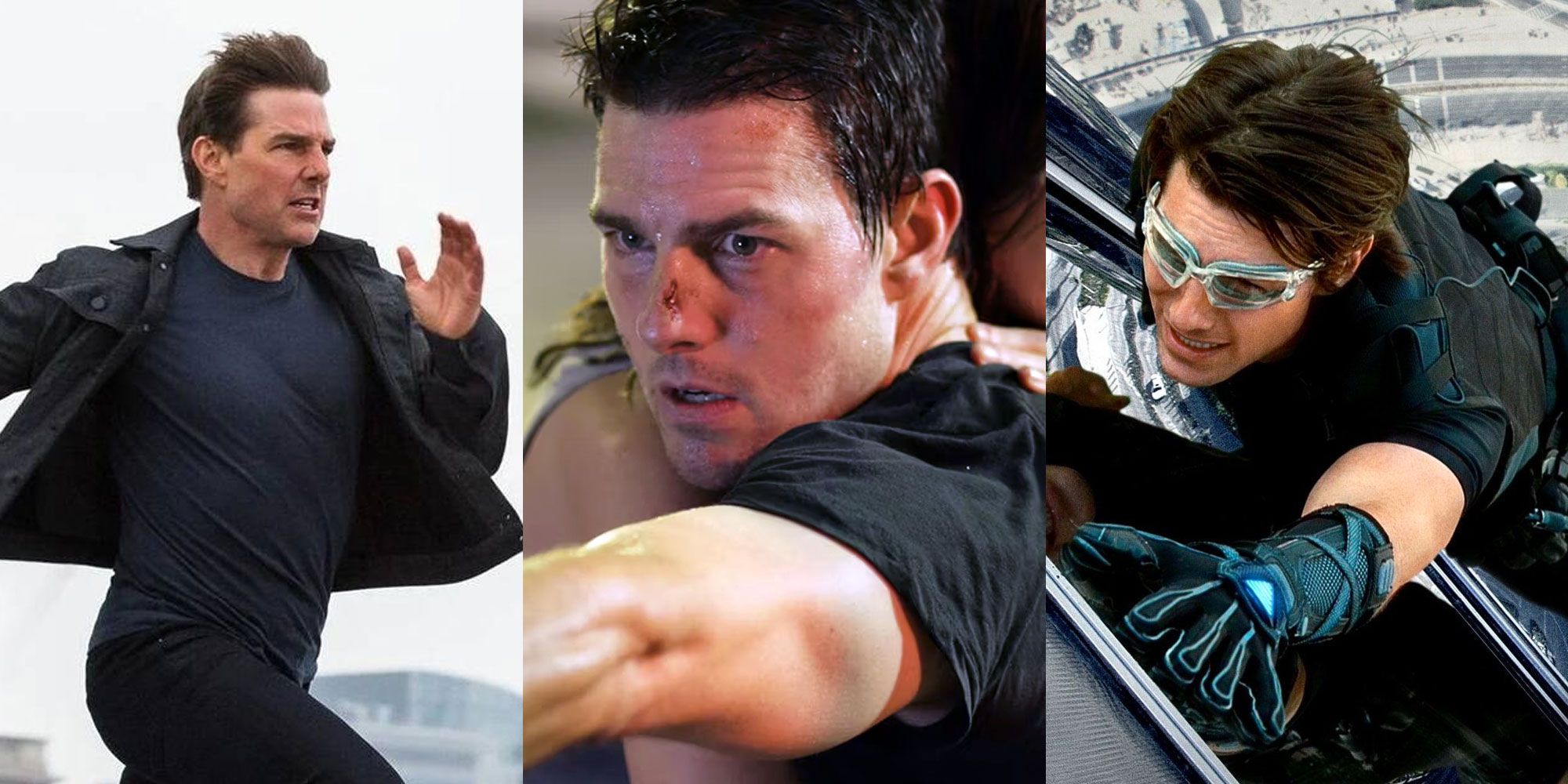 Split image of Tom-Cruise running, pointing a gun and climbing in Mission Impossible