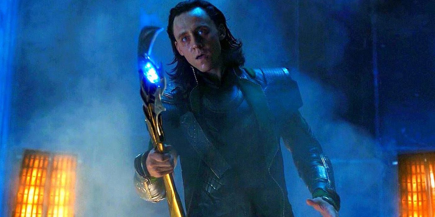 Tom Hiddleston as Loki with his sceptre in the Avengers