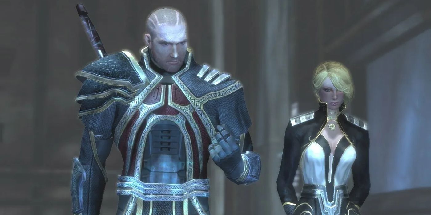 A man and woman stand together in Too Human