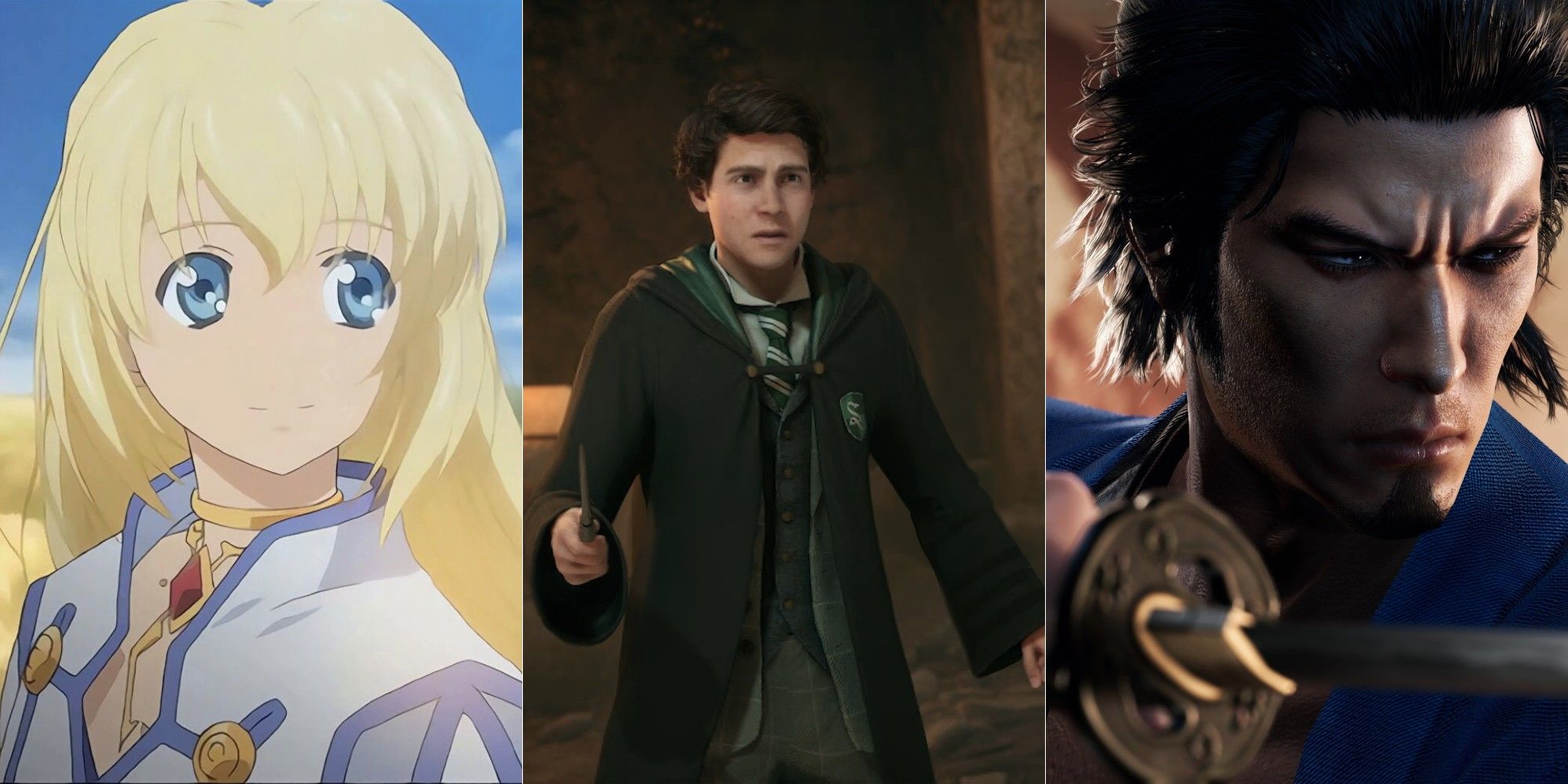 From left to right, main characters from Tales of Symphonia Remastered, Hogwarts Legacy, and Like A Dragon: Ishin!.