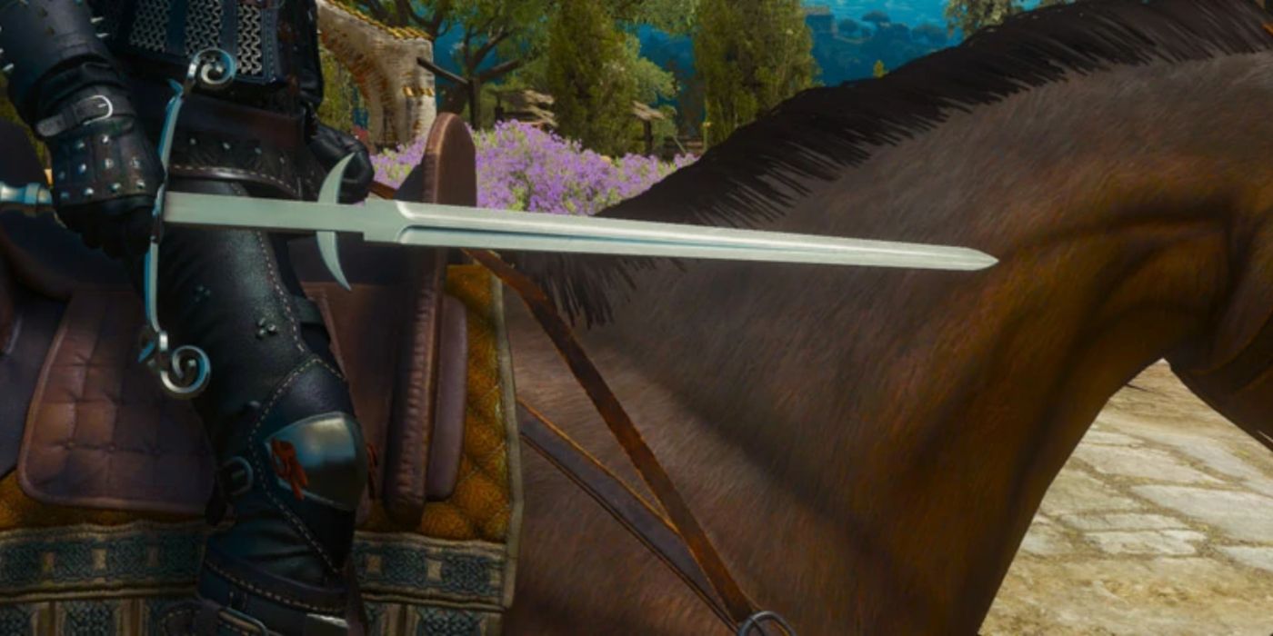 Geralt empunhando a Toussaint Steel Sword enquanto cavalgava em Roach.