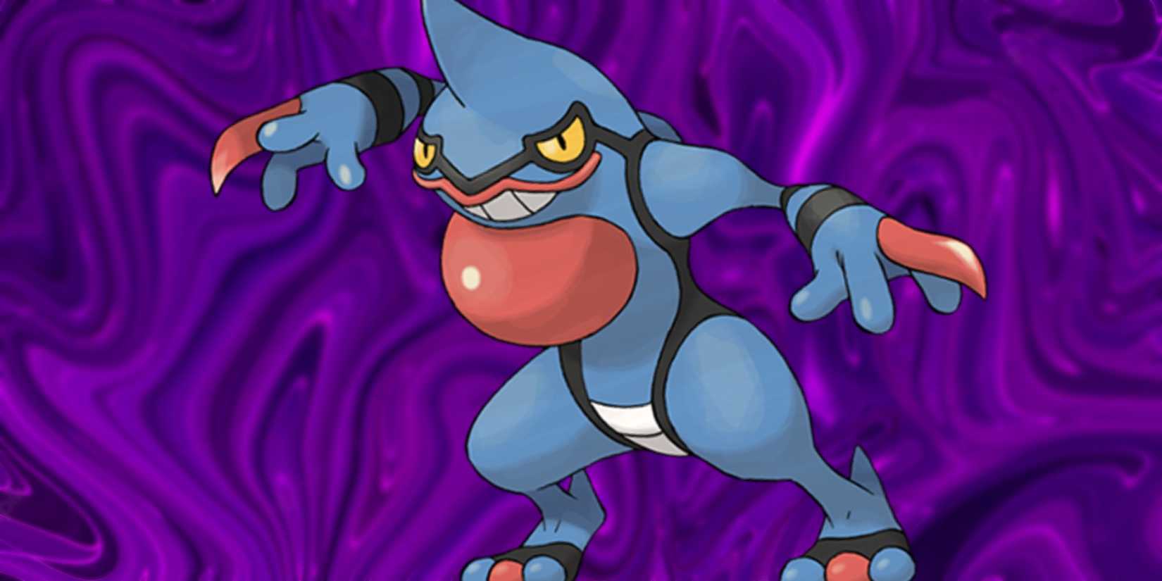Toxicroak with a purple background in Pokémon Scarlet & Violet.