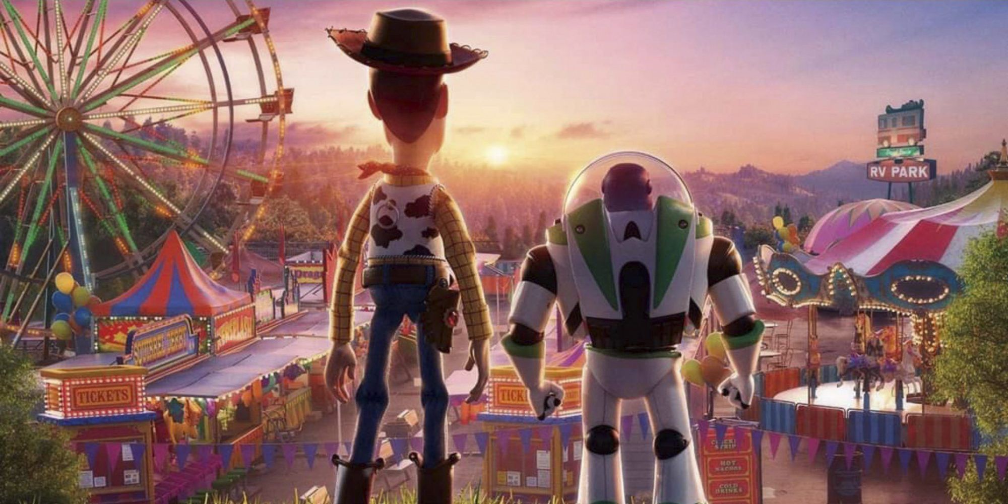 Buzz Lightyear and Woody stand looking over the carnival in Toy Story 4