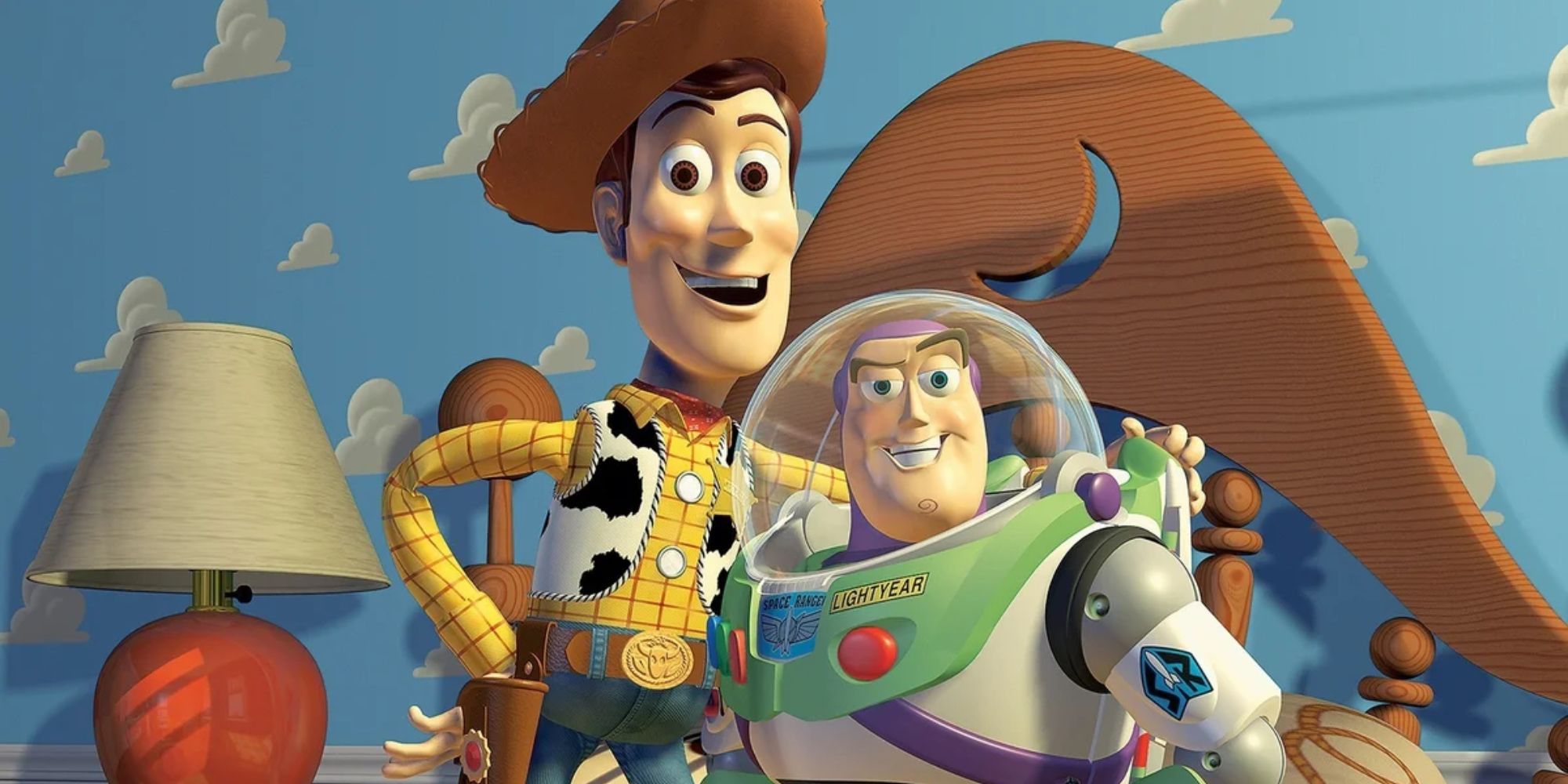 Woody and Buzz Lightyear pose together, smiling, in Toy Story