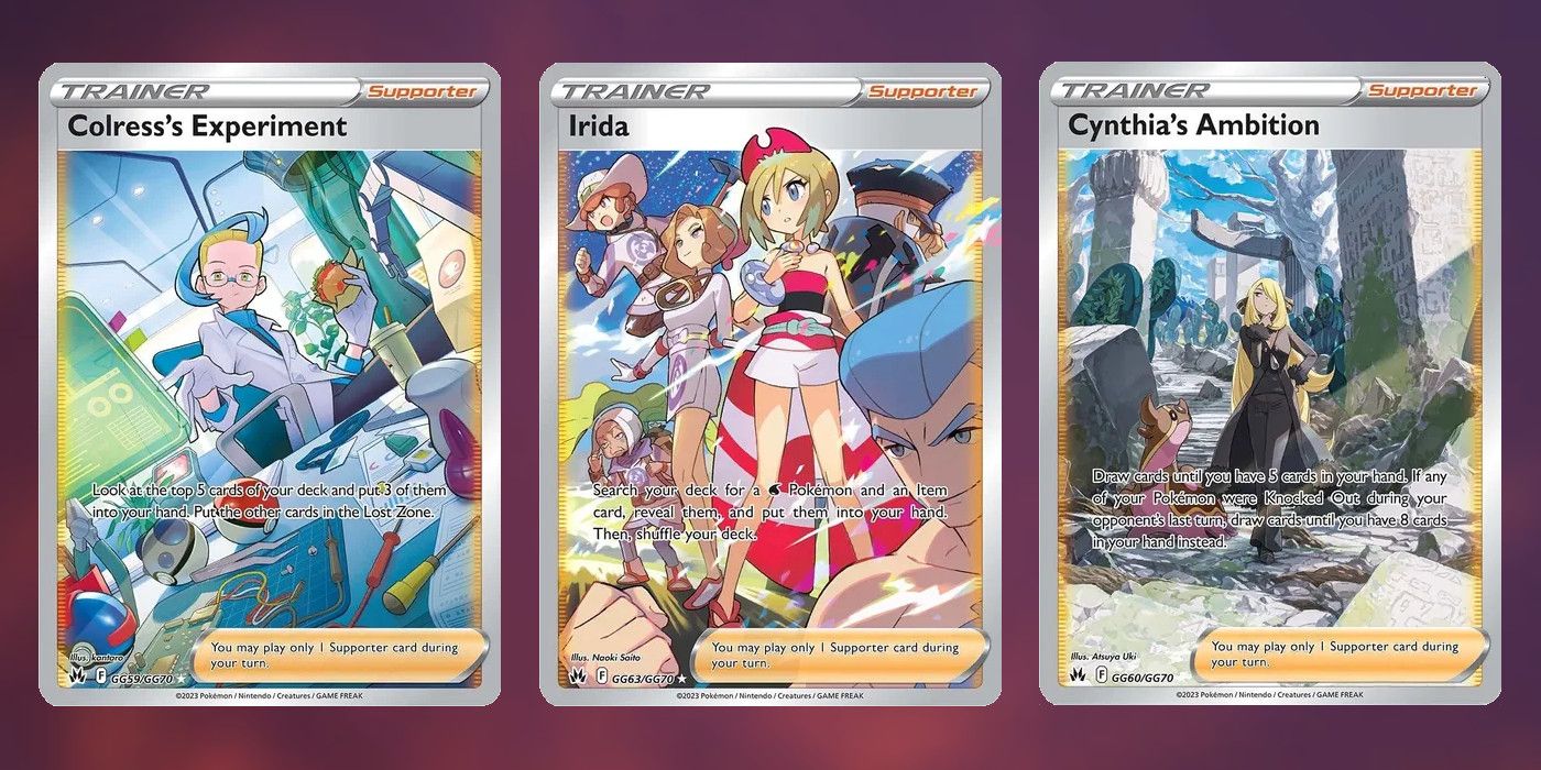 Irida, Colress' Experiment and Cynthia&rsquo;s Ambition Secret Rare cards from the Pokémon TCG Crown Zenith set.