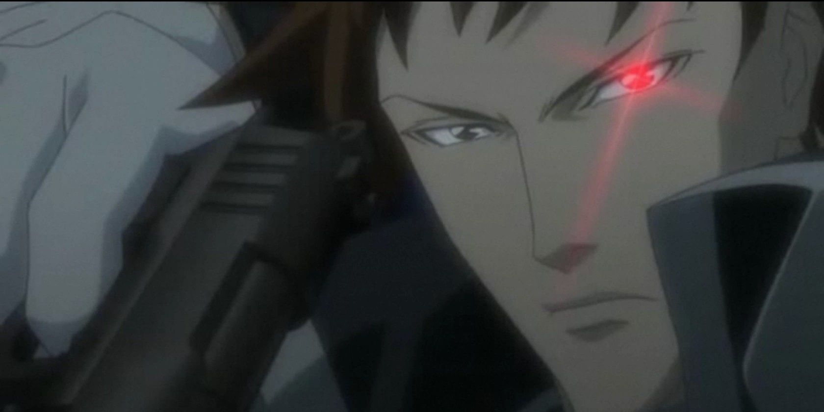 Tres Iqus draws a gun as his robotic eye flashes red in Trinity Blood.