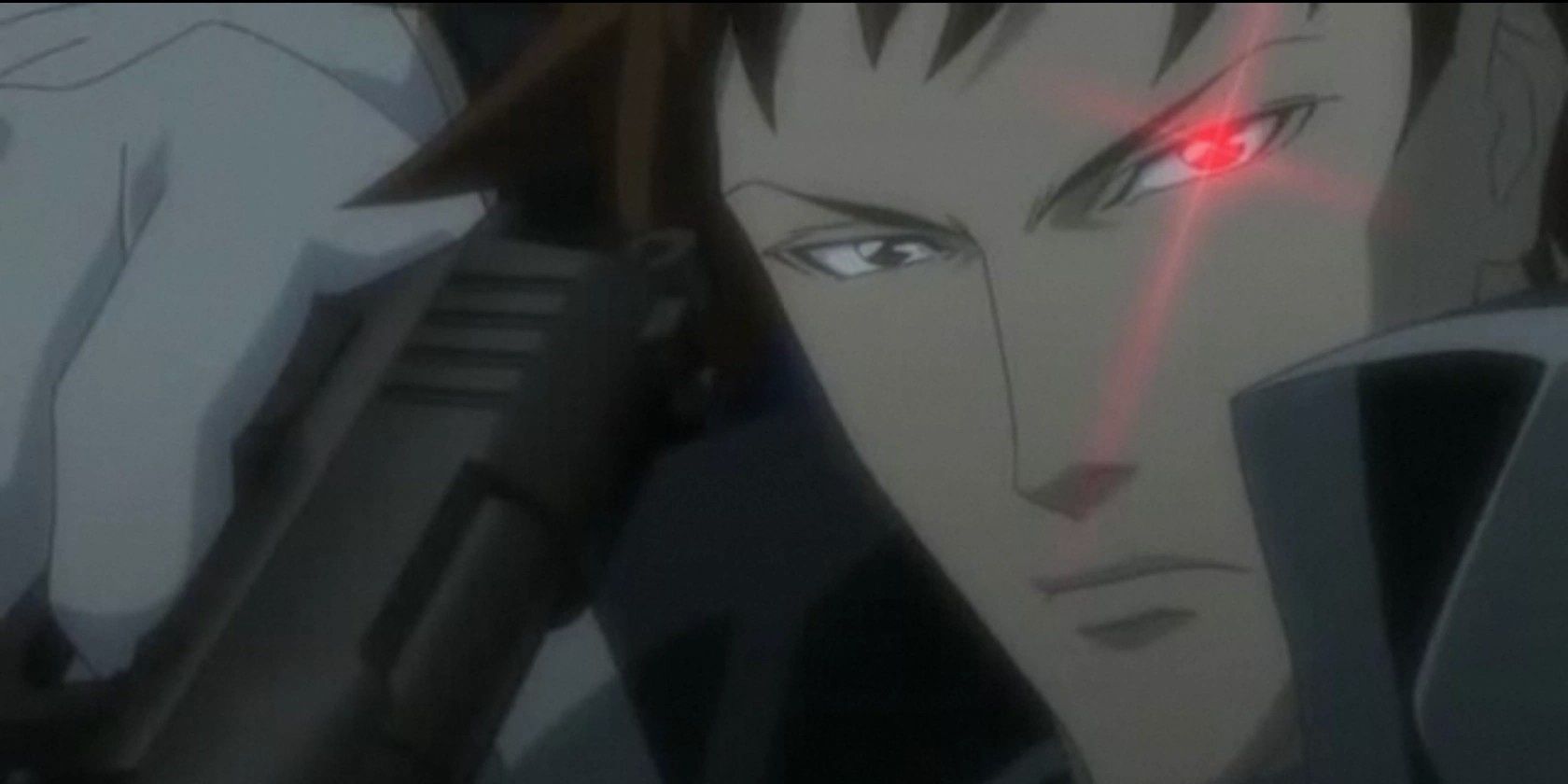 Tres Iqus drawing a gun as his robotic eye flashes red in Trinity Blood.