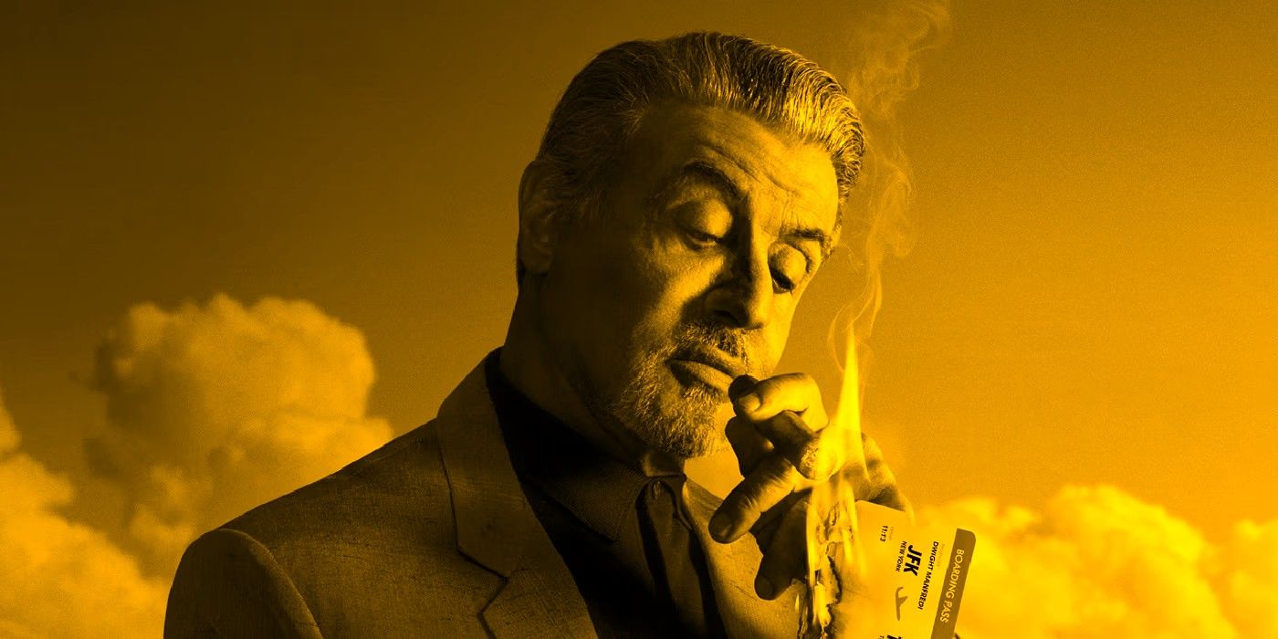 Sylvester Stallone lights his cigar with a burning airplane ticket in a promo image for Tulsa King season 1.