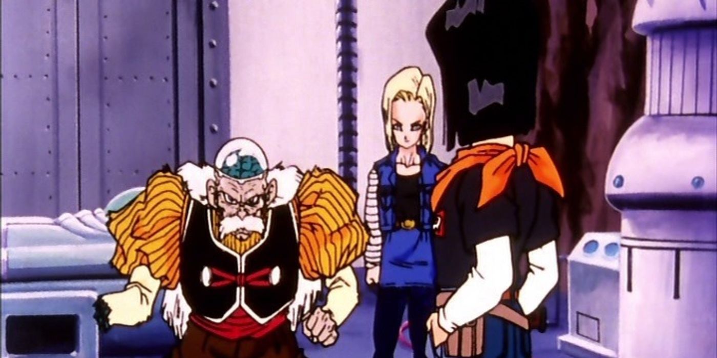 Dr. Gero with Androids 17 and 18 in Dragon Ball Z.