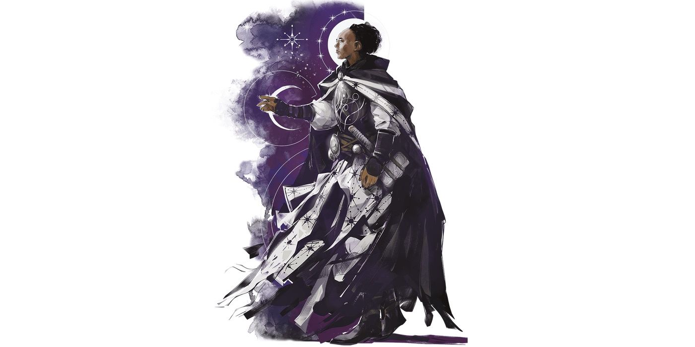 A woman in heavy armor faces left, reaching out towards the dark sky and stars seen in the background.