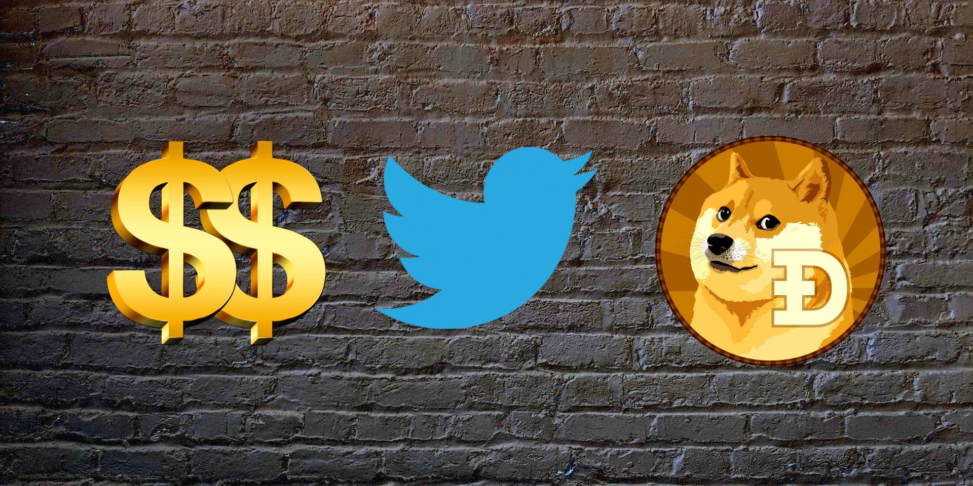 A brick wall background superimposed with a Blue Twitter logo in the middle, with a Dogecoin on the right and a double dollar sign on the left
