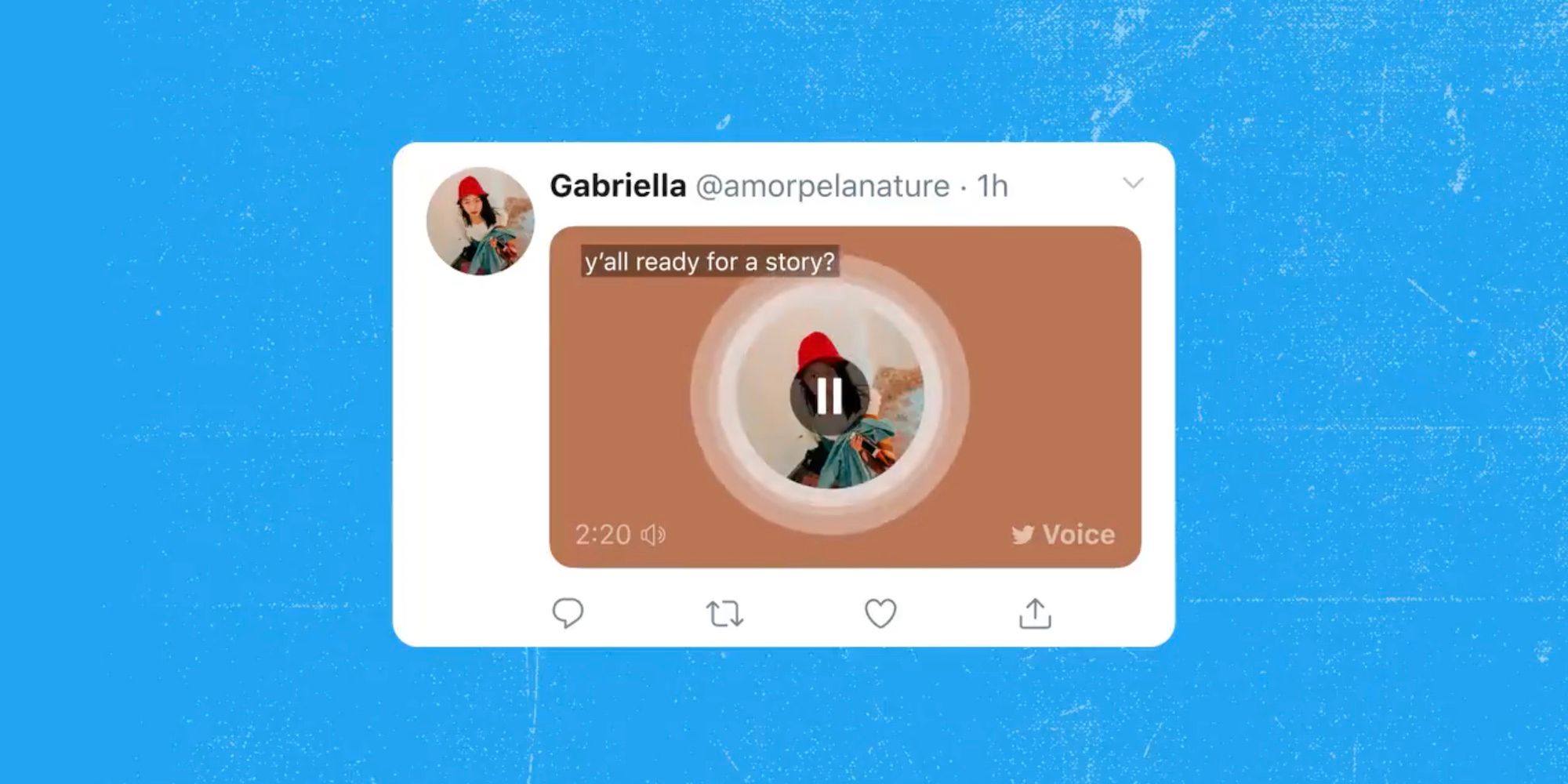 A voice tweet with closed captions that plays on Twitter for web