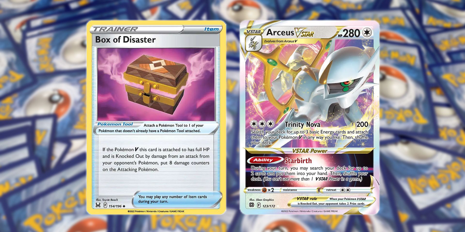 Two Pokemon TCG cards, Box of Disaster and Arceus VSTAR, displaying F regulation marks, meaning that they're legal for use in Standard format Pokemon games-2