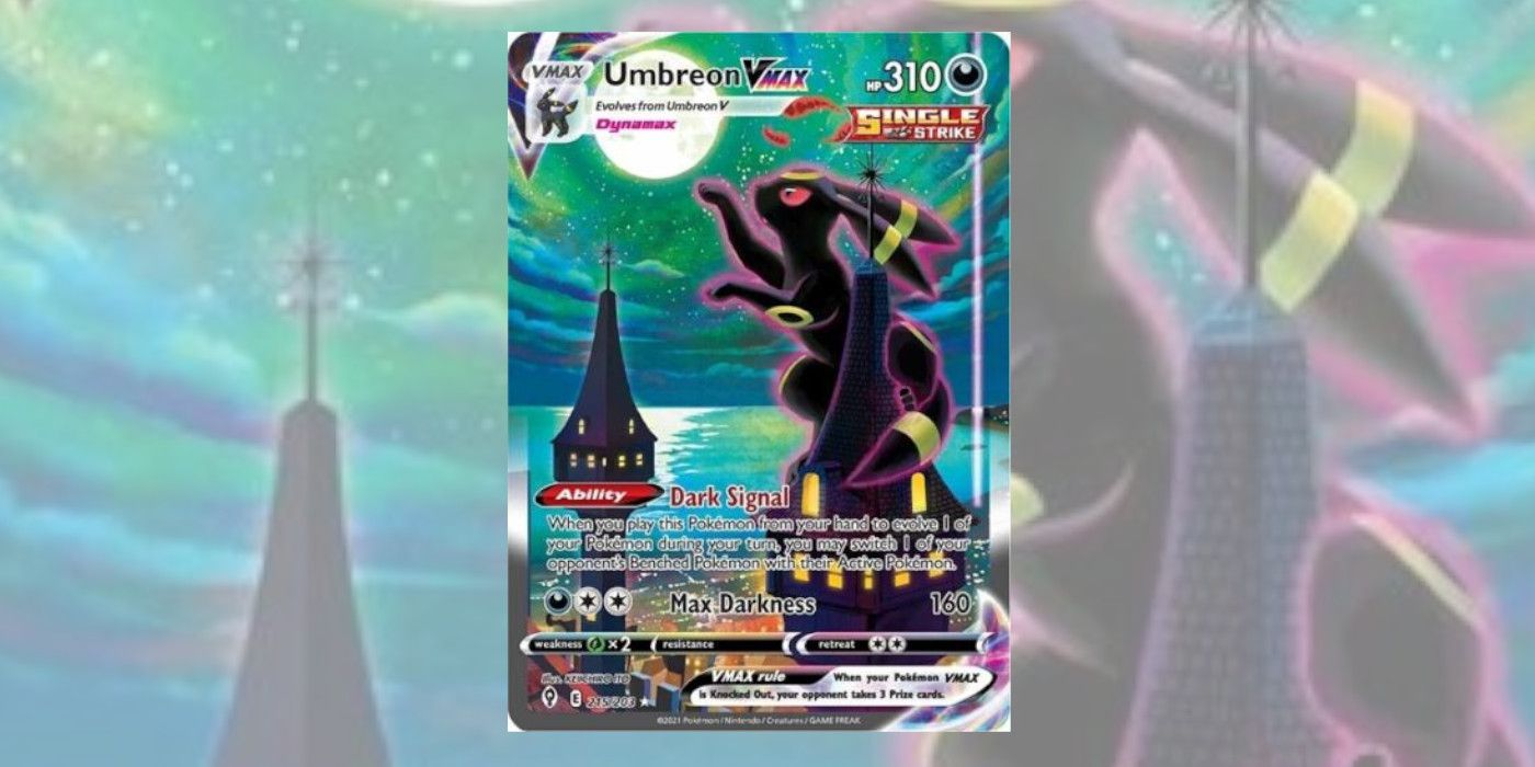 Umbreon Pokémon TCG Playing Card, which has Umbreon clinging to the top of a tower as it reaches toward a full moon with an starlit ocean in the background.