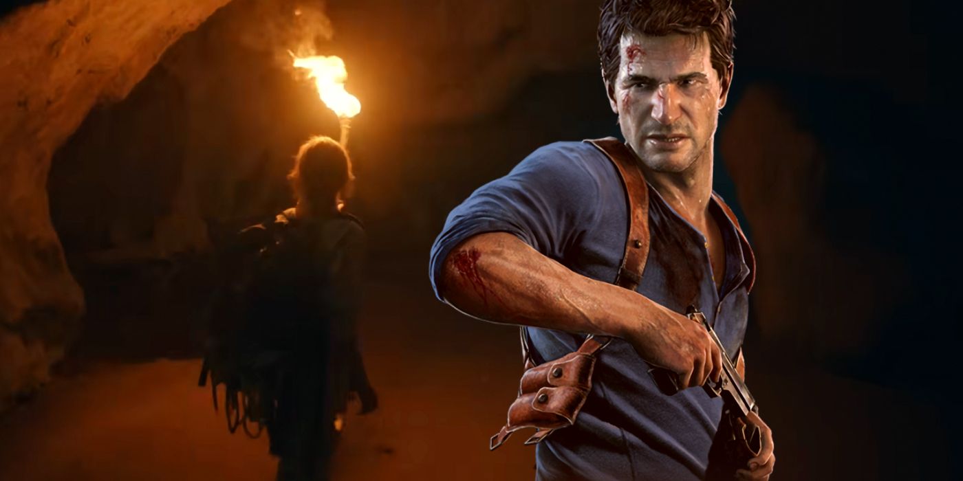 Uncharted's Nathan Drake pulling a pistol from its holster superimposed on a background from a recent PlayStation 5 ad, where an unidentified woman is holding a torch in a dark cave.