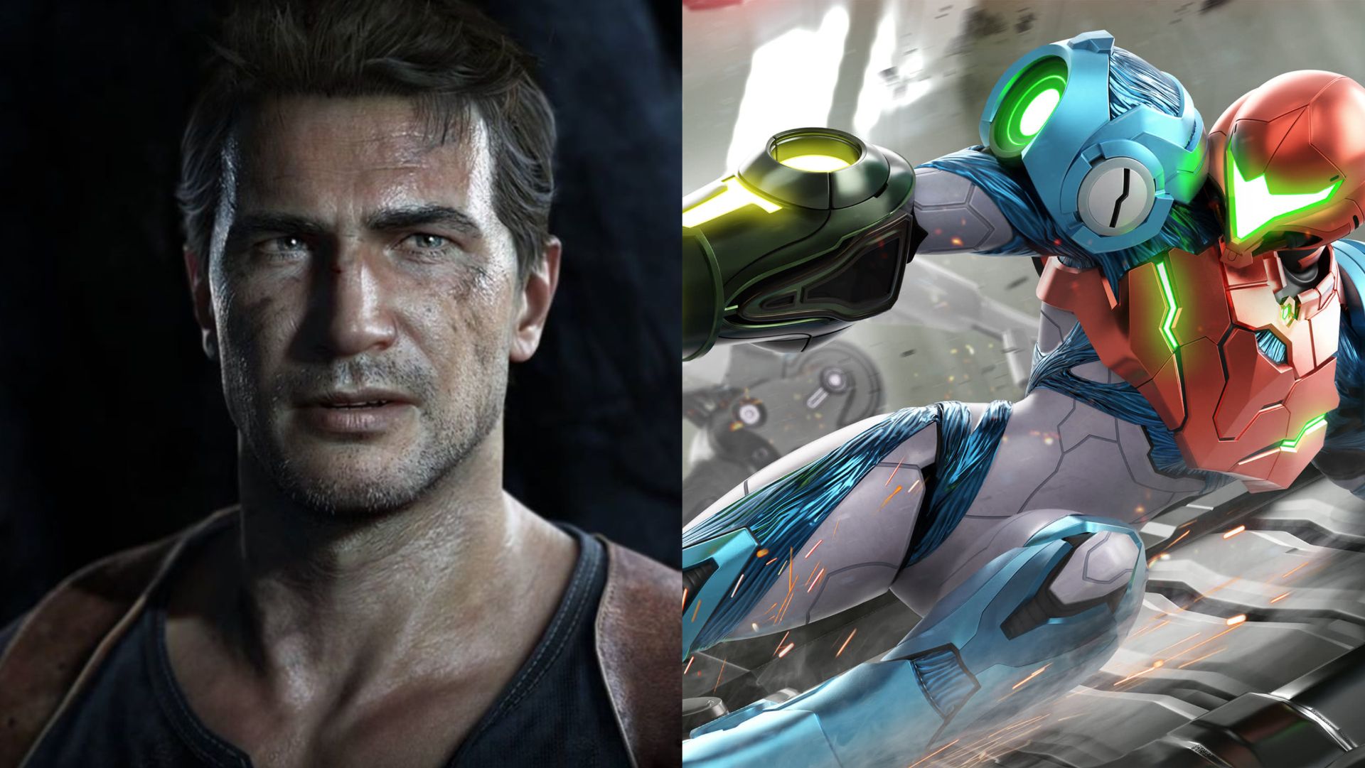 Split image of Nathan Drake from Uncharted and Samus Aran from Metroid.