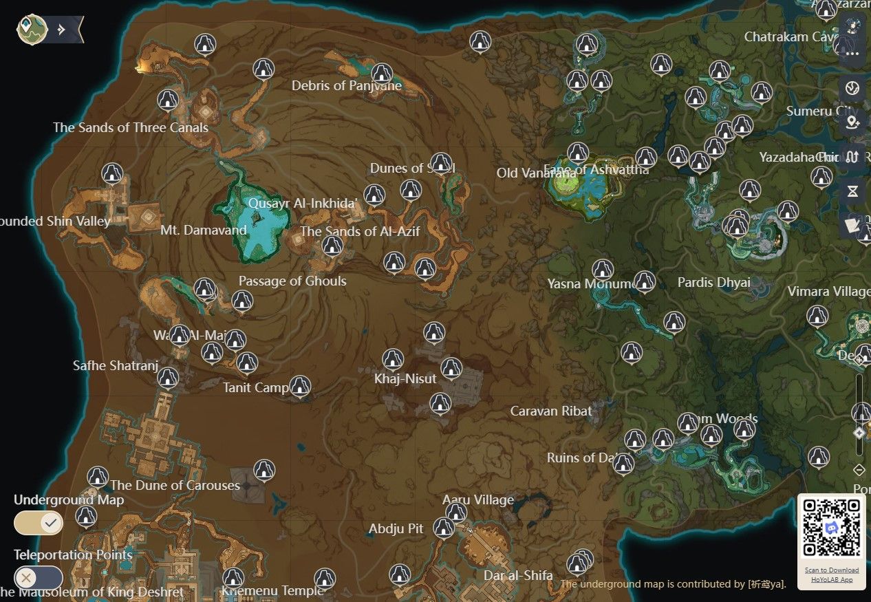 Uma captura de tela mostrando o recurso Mapa Subterrâneo no Mapa Interativo oficial do Genshin Impact no HoYoLAB.