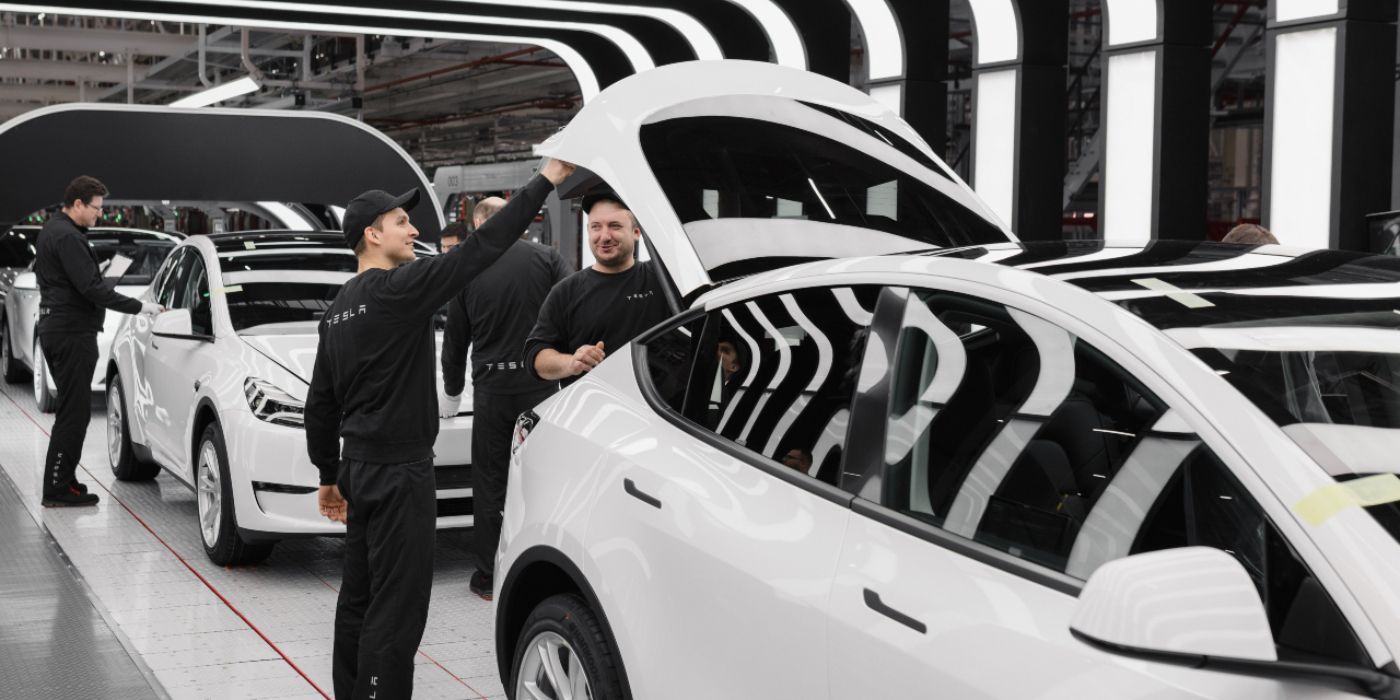 Units of Tesla Model Y in an assembly plant