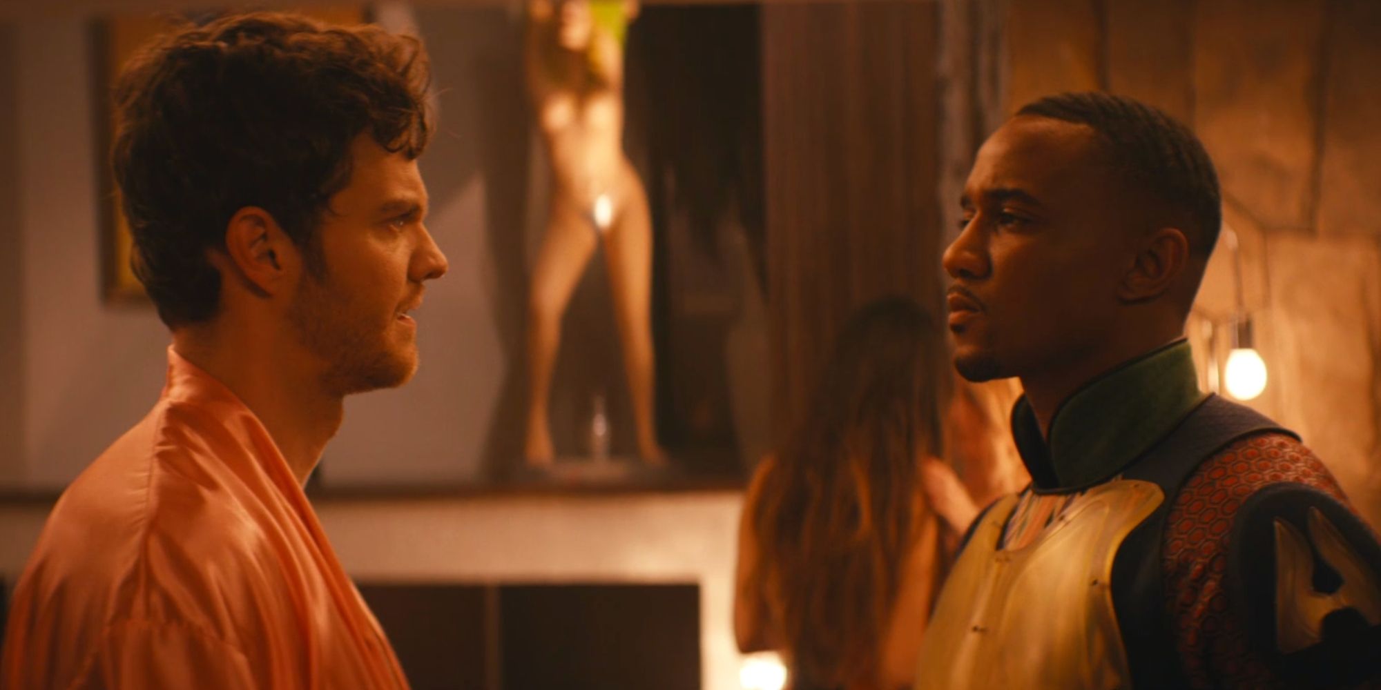 Jack Quaid as Hughie and Jessie T. Usher suffer an awkward Herogasm reunion in The Boys