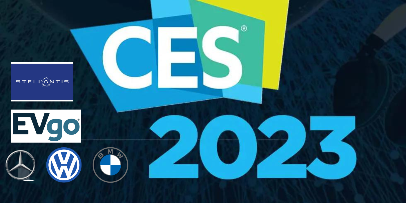 CES 2023 Cover Art with logos of Stellantis, BMW, Mercedes, Volkswagen, and EVgo imprinted