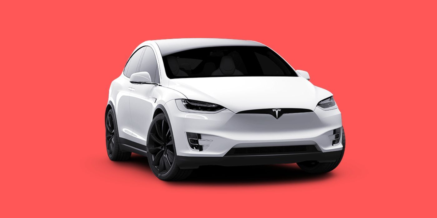A white Tesla Model over a light red background 