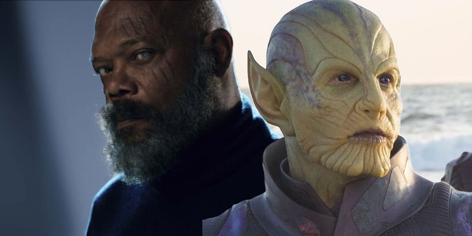 Split image of Nick Fury in Secret Invasion and Talos from Captain Marvel