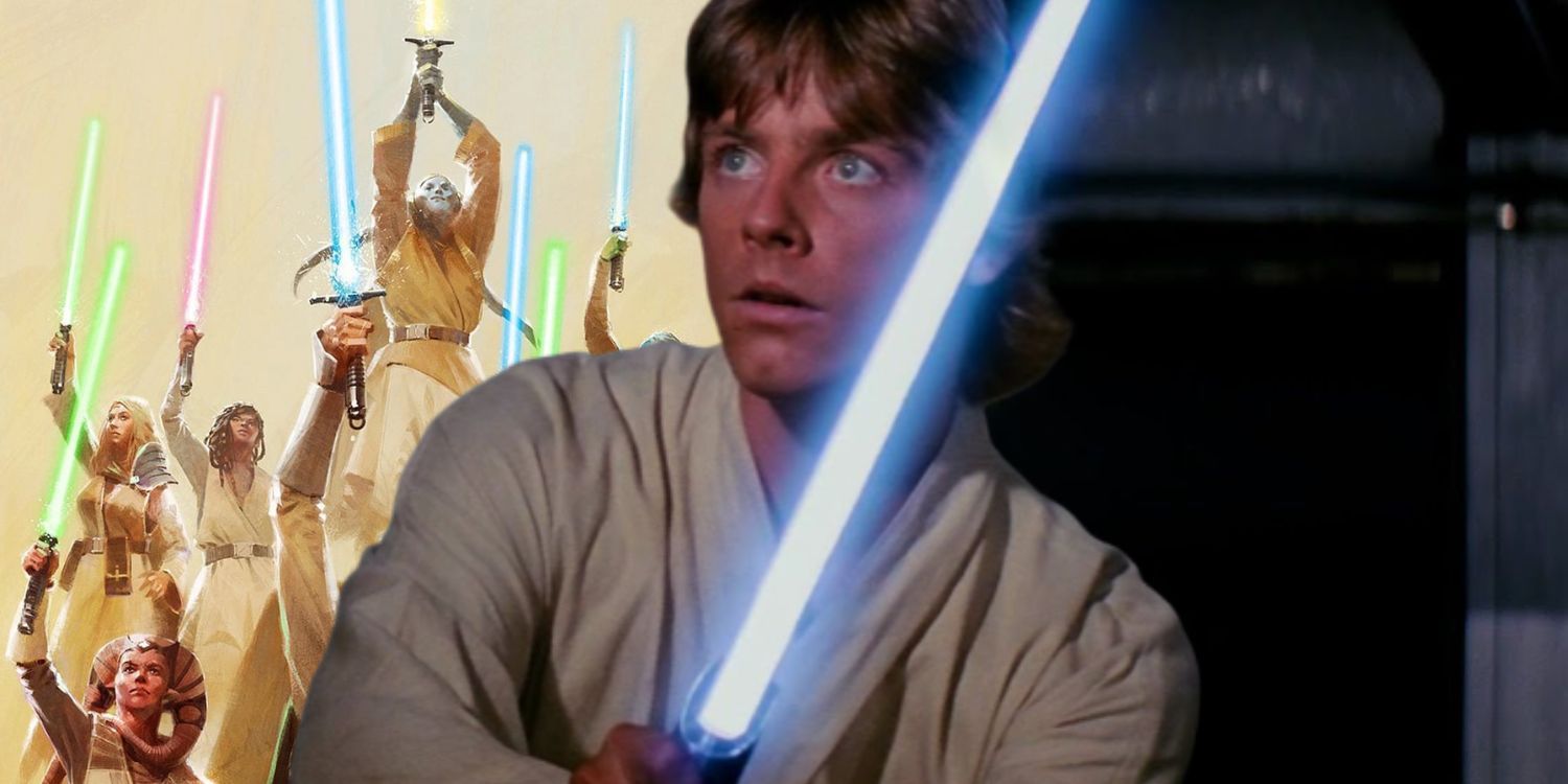 Split image of Luke training with his lightsaber in A New Hope and High Republic Jedi