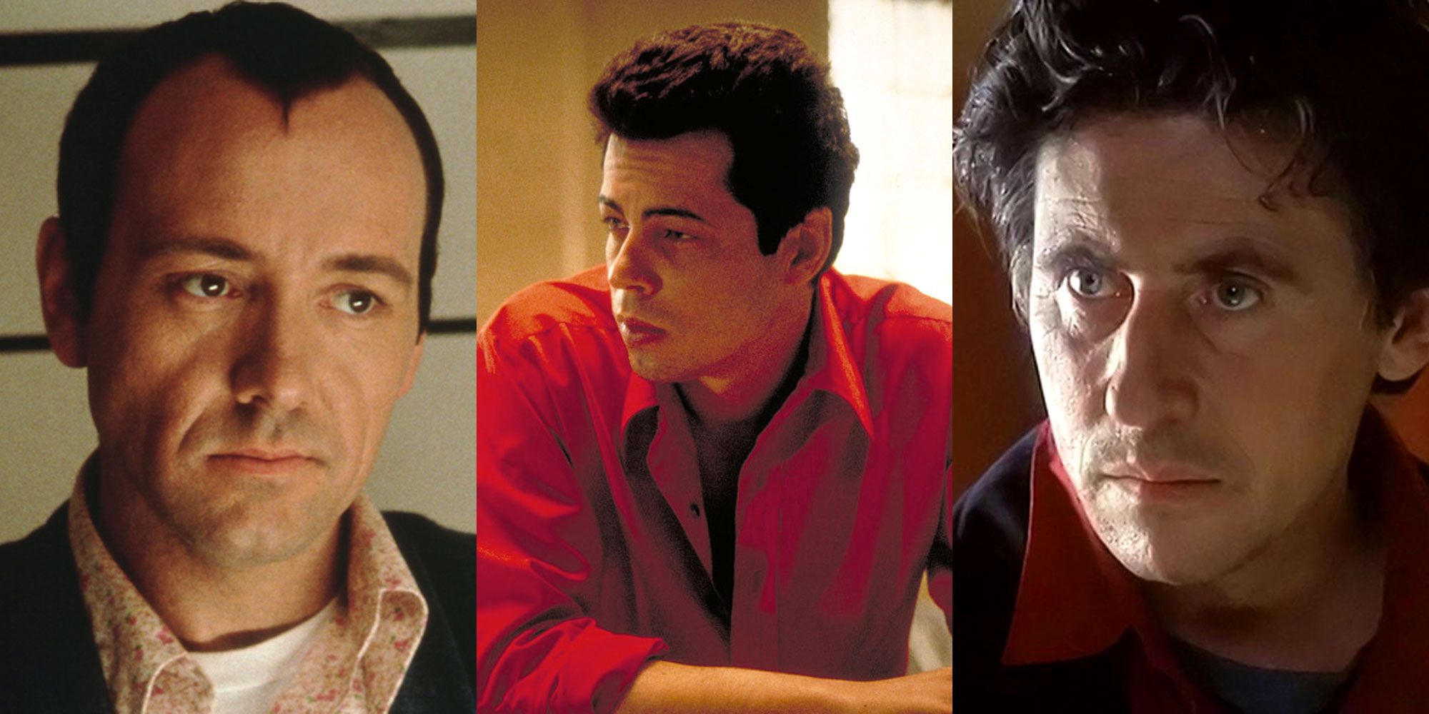 Split image of Kevin Spacey, Benicio Del Toro and Gabriel Byrne in The Usual-Suspects