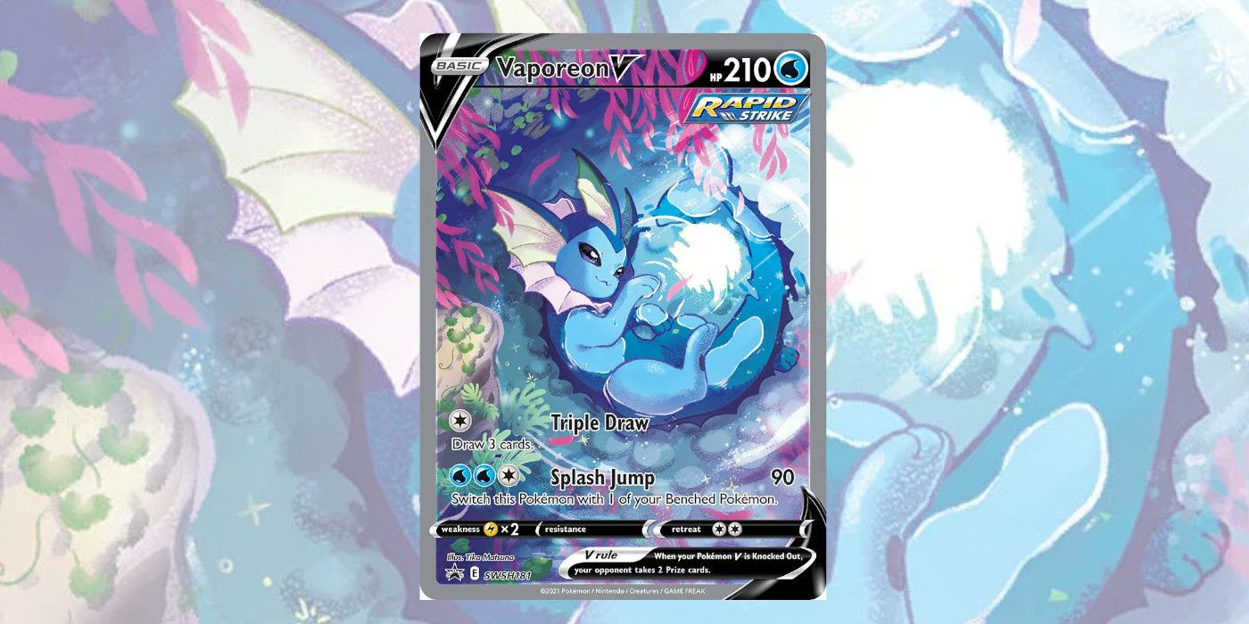 Vaporeon Pokémon TCG Playing Card, showing the monster curled up in a koi pond scene.