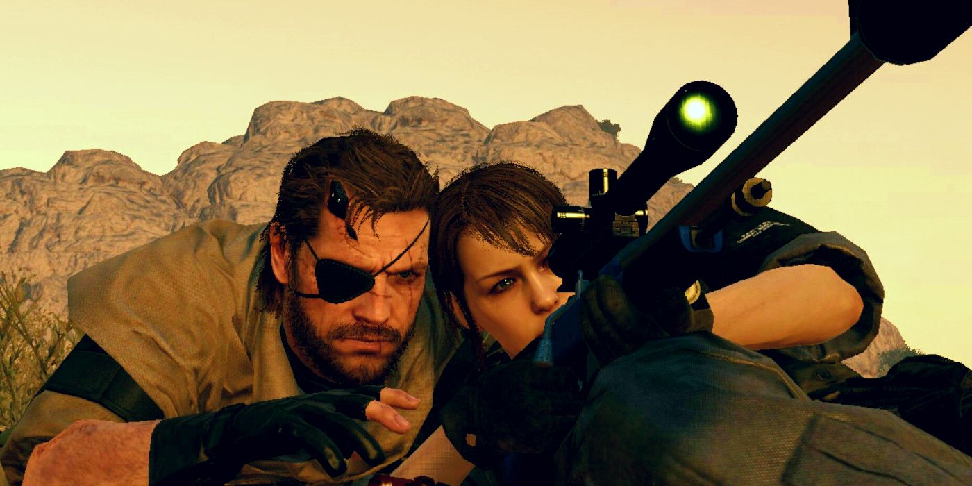 Venom Snake and Quiet looking through a sniper rifle scope in MGS5