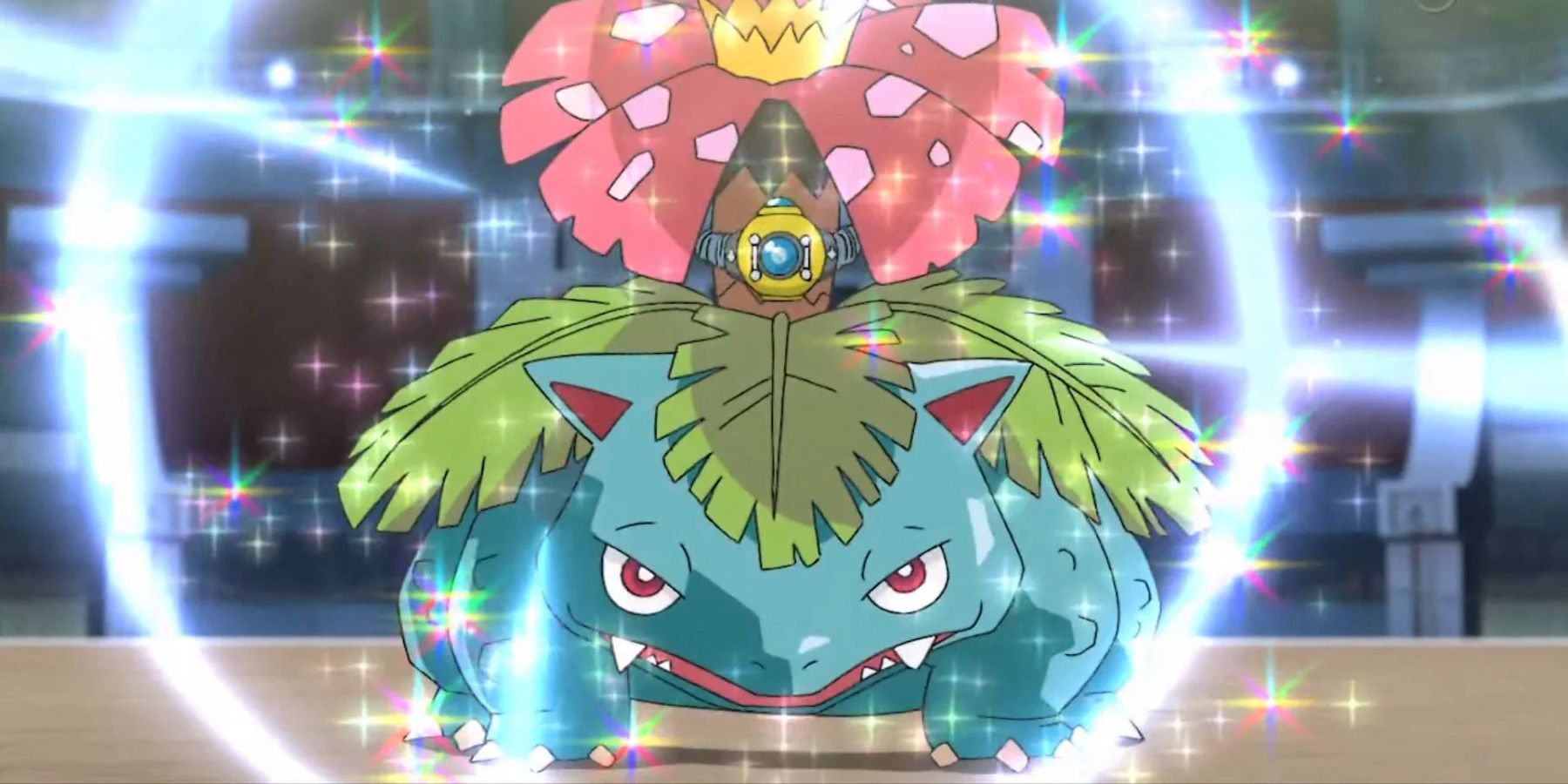 Venusaur charging an attack during battle in the Pokémon anime.