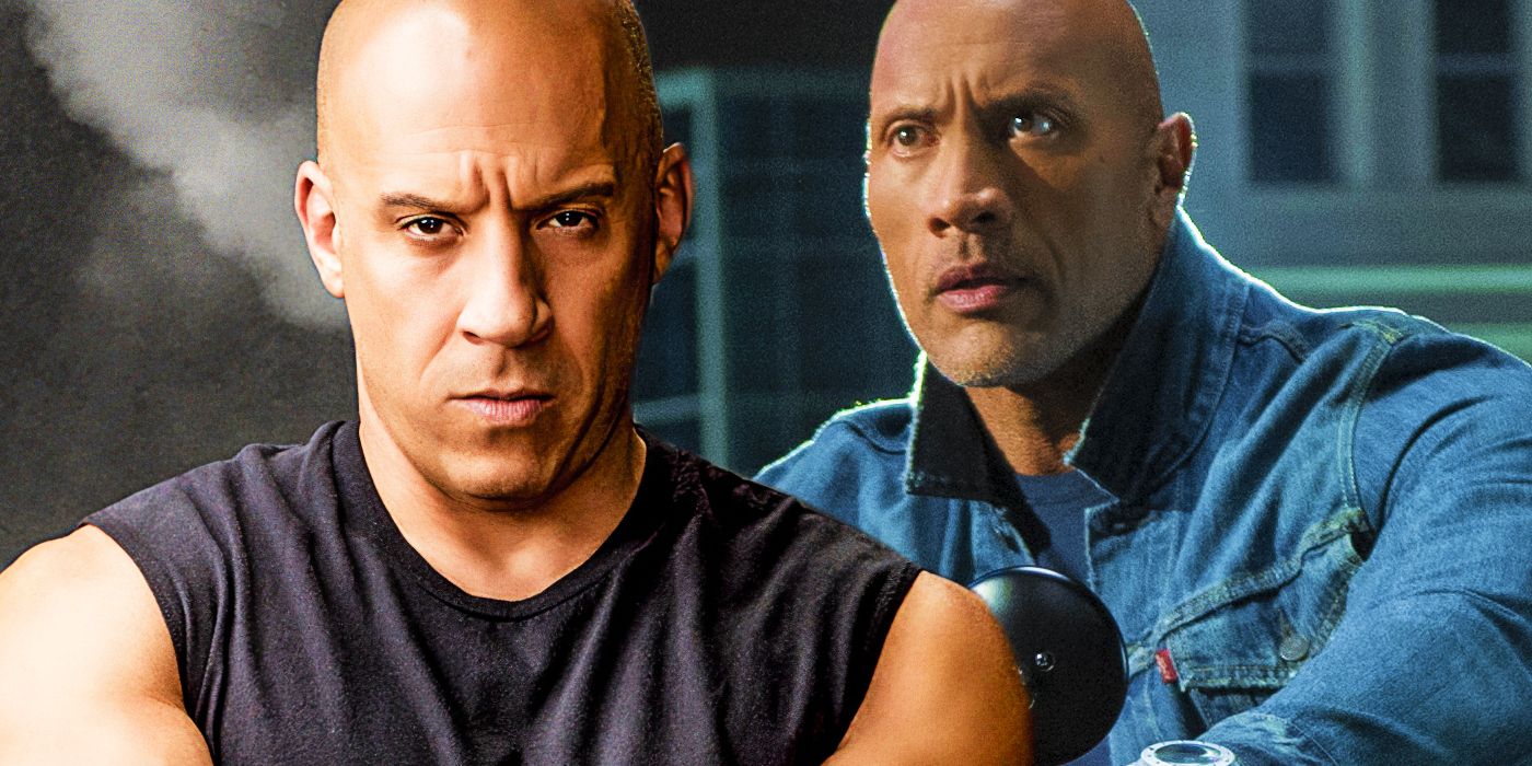 Vin Diesel as Dominic Toretto and Dwayne Johnson as Luke Hobbs