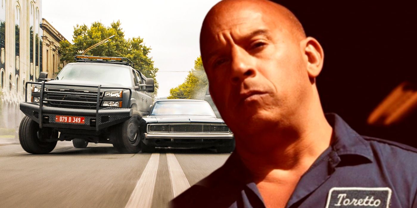 Custom image of Vin Diesel as Dominic Toretto in Fast X and a car stunt from F9.