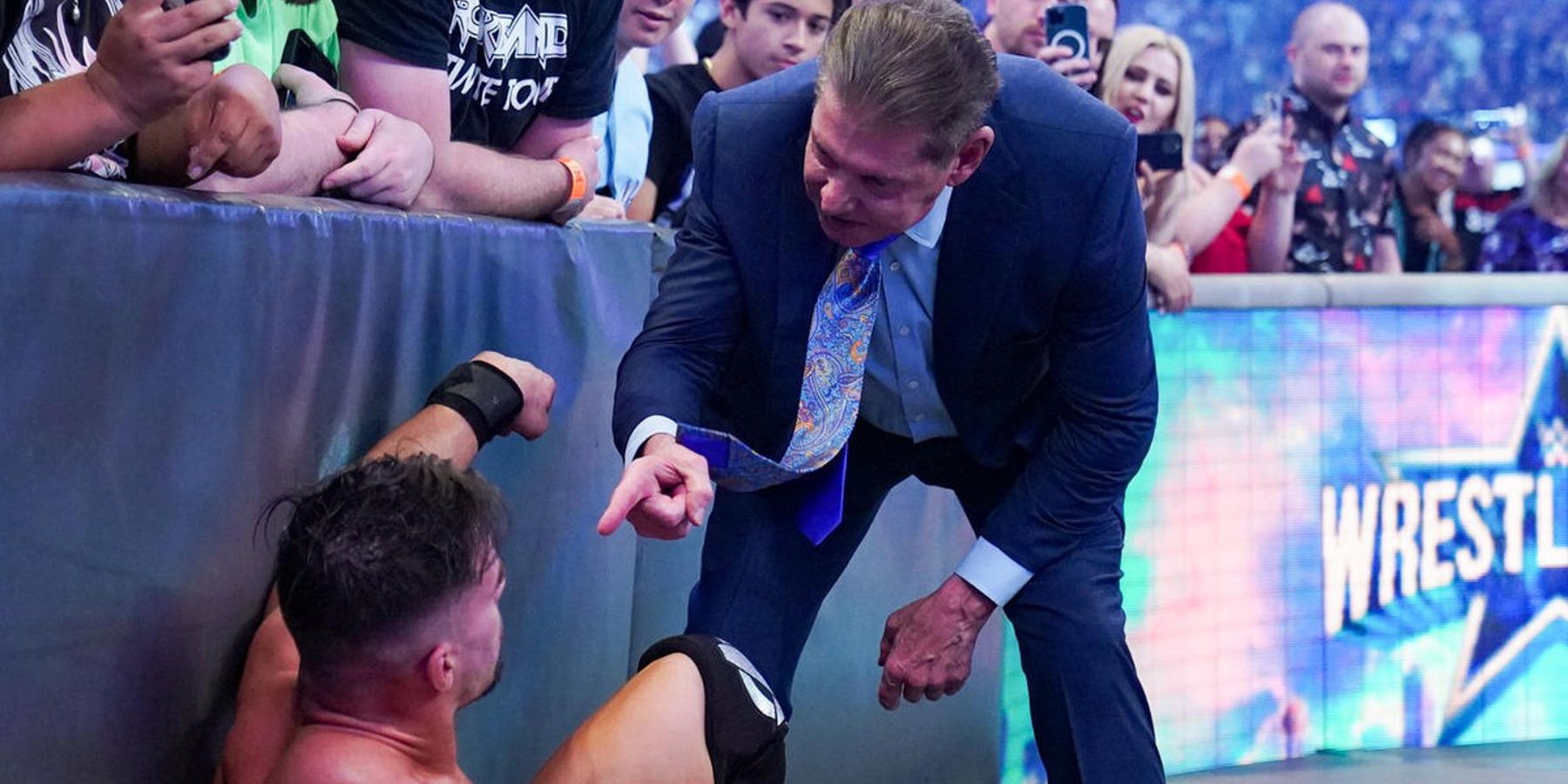 Vince McMahon scolds Austin Theory after he lost his WrestleMania 38 match against Pat McAfee in WWE in 2022.