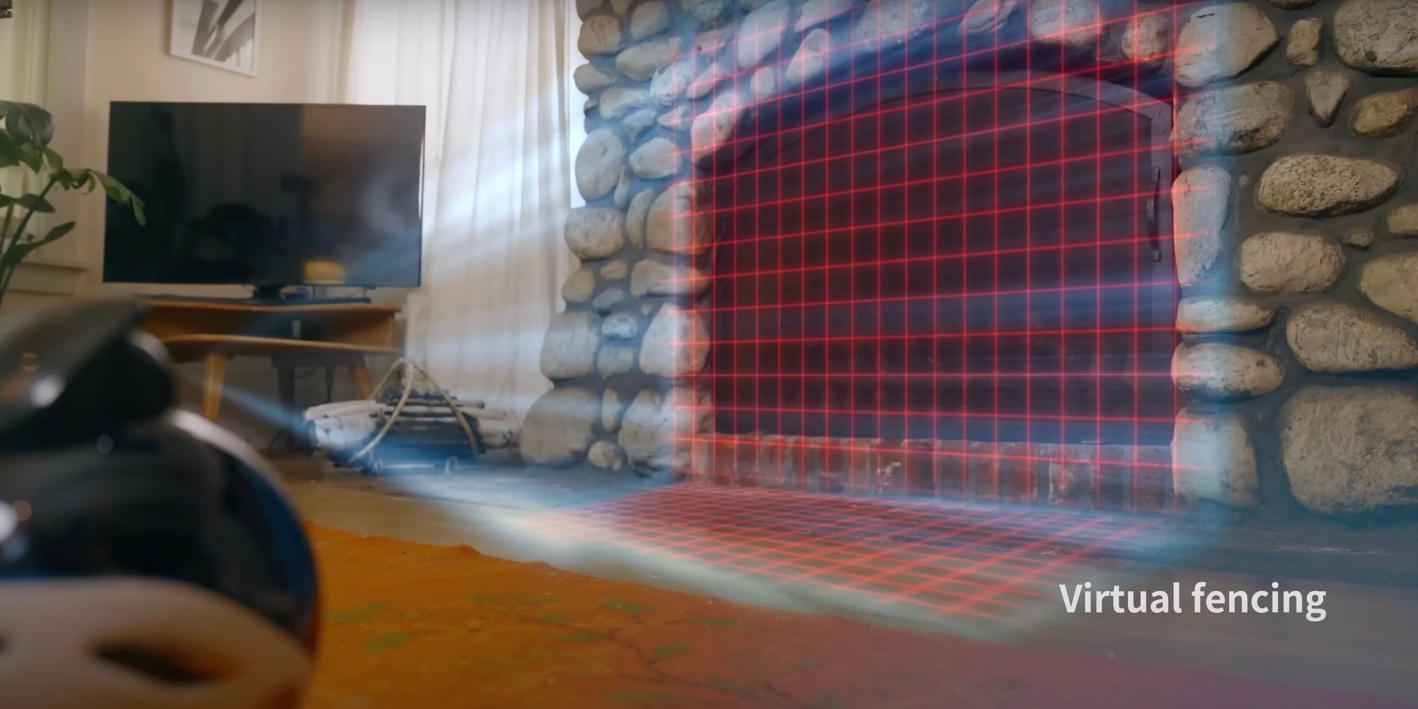 Ebo X is pictured in the foreground left corner facing a fireplace, with its scanning sensors visualized in front of it in a red grid to mark the area off limits