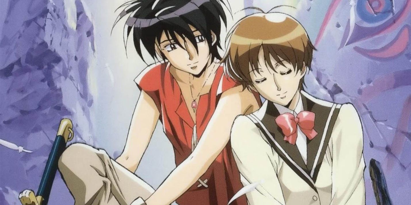 Hitomi Kanzaki leaning against Prince Van's shoulder while he smiles down at her in The Vision of Escaflowne.