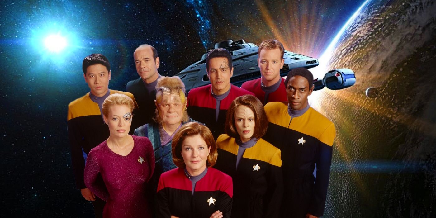 A composite image of the crew of Voyager in front of the ship in Star Trek