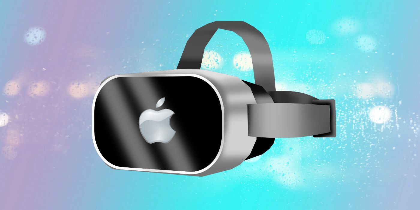 A mock VR headset with Apple logo on custom gradient background