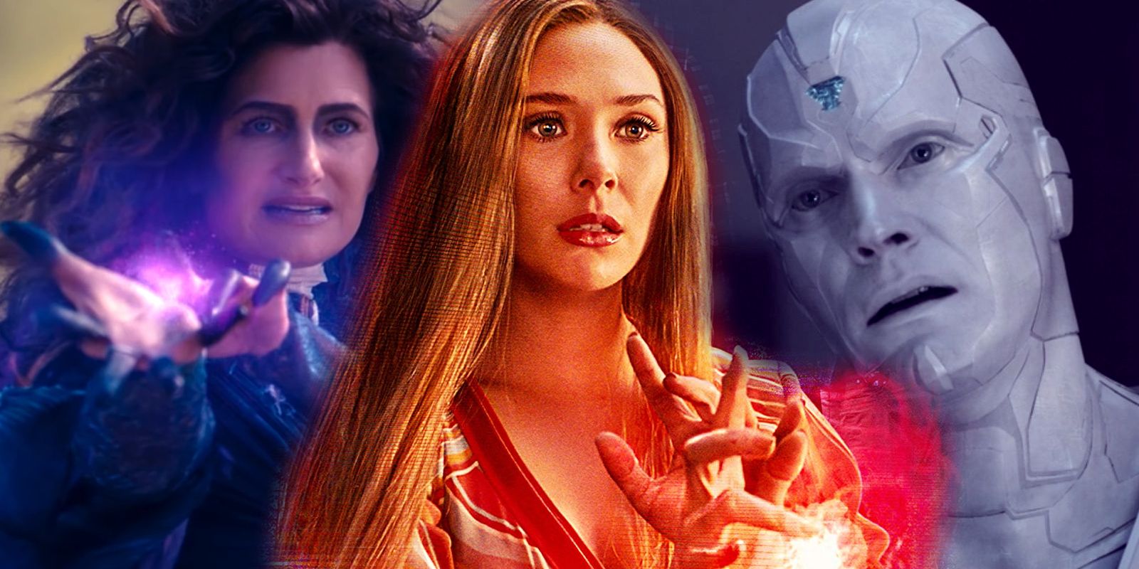 Agatha Harkness (Kathryn Hahn) summons her purple magic; Wanda Maximoff (Elizabeth Olsen) conjures red chaos magic; White Vision (Paul Bettany) contemplates his existence