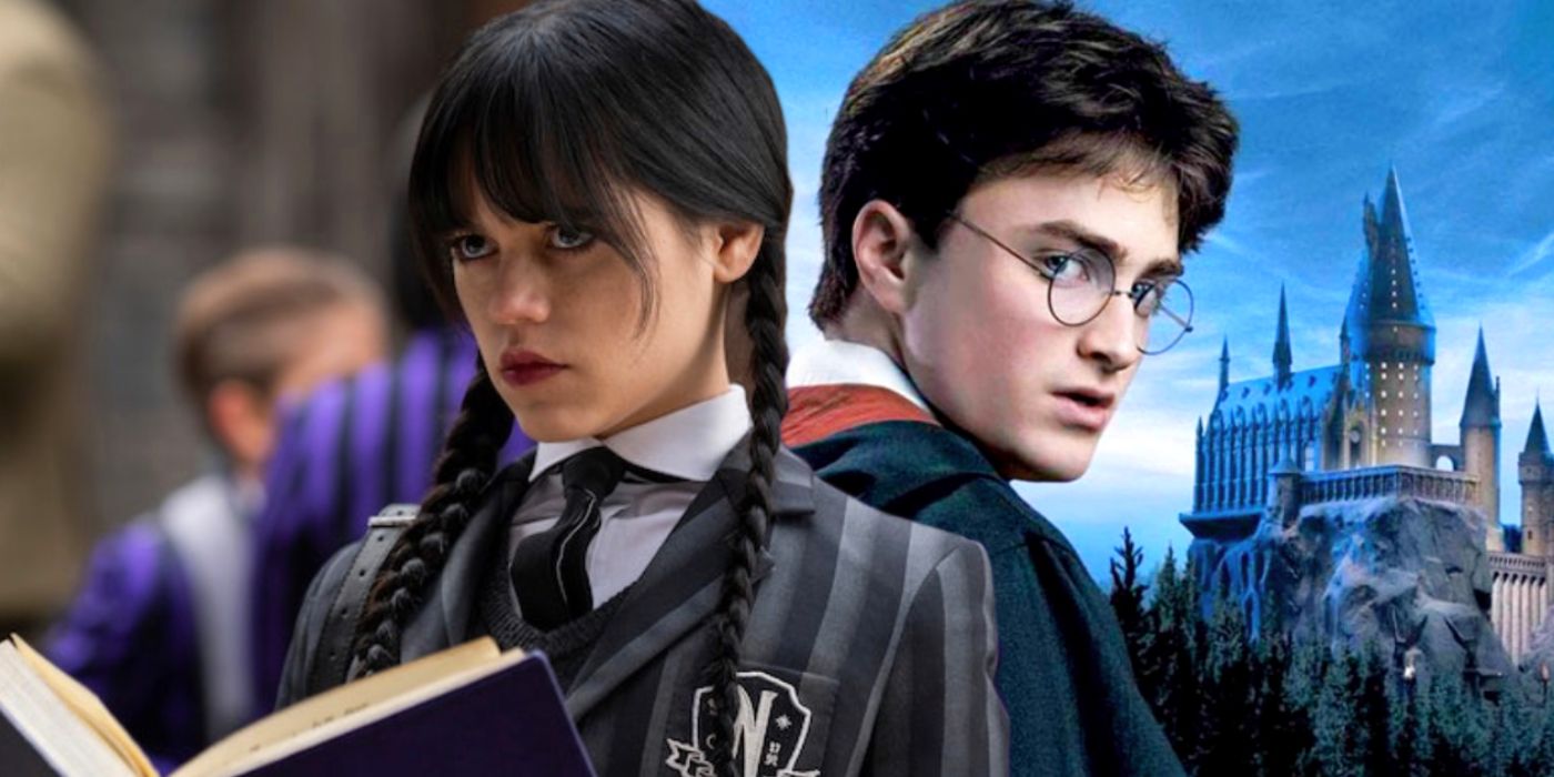 Jenna Ortega as Wednesday Addams with Daniel Radcliffe as Harry Potter